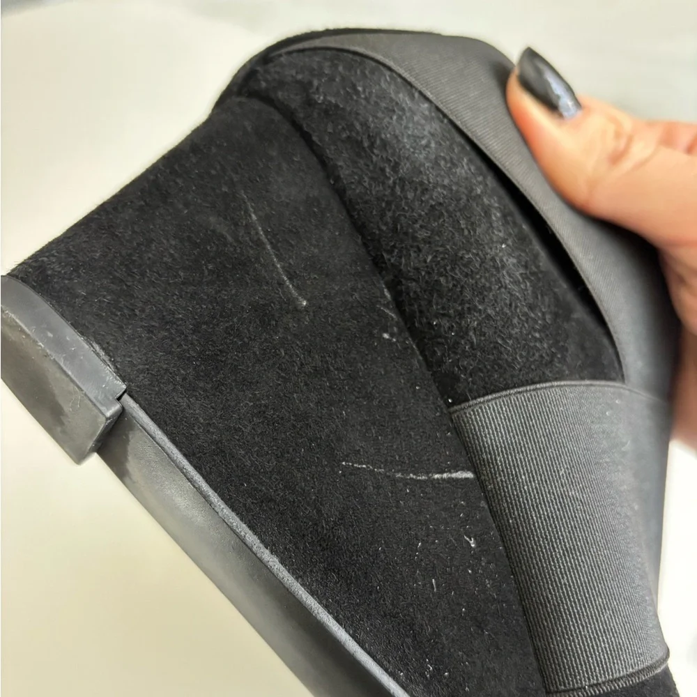 Stuart Weitzman black suede wedge booties with elastic straps size 8